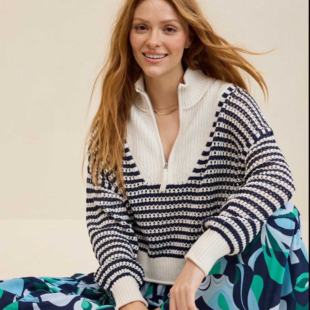 Aerie Crochet Quarter Zip Sweater Navy